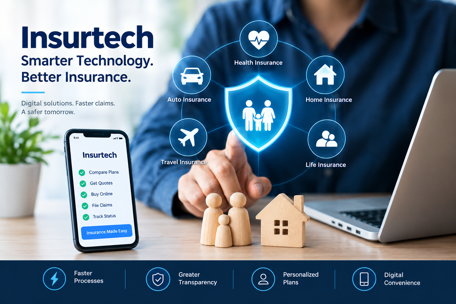 InsurTech and digital insurance technology showing AI-powered insurance solutions, faster claims processing, personalized plans, digital convenience, and health, auto, home, travel, and life insurance.